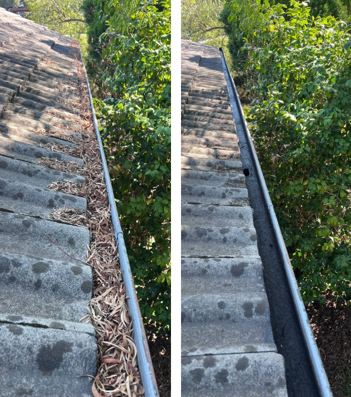 Before and after "gutter cleaning" showing a clean gutter